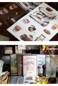 Detailed view of vintage coffee and floral stickers with artistic retro journal theme