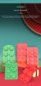Detailed view of red and green Christmas silicone molds with snowflake and Santa patterns