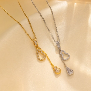 Stainless Steel Wulu Gourd Pendant Necklace Micro Pave Rhinestone Elegant Charming Jewelry For Women Gift Ornament