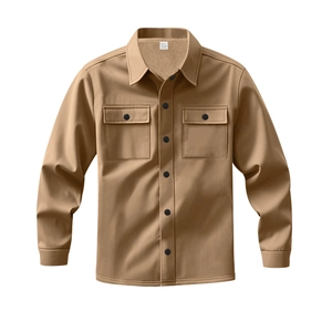 Detail of tan fleece-lined shacket showing turndown collar and chest pockets with buttons