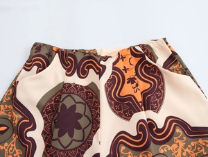Detail of vintage geometric and floral print on cotton-linen blend fabric waistband