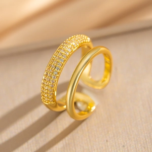 Elegant gold double-layer open ring with minimalist polished band and pavé cubic zirconia