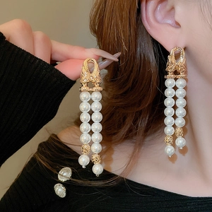 Vintage Double Row Artificial Pearl Tassel Dangle Earrings With Silver Earring Post French Court Style Elegant Jewelry Women