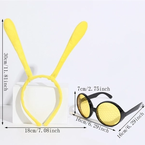 Detailed dimensions of yellow rabbit ears headband and honeycomb lens party glasses