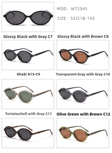 Detail view of oval polarized sunglasses in six colors with metal hinges and size specs