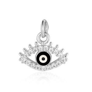 Macro detail of silver evil eye pendant with cubic zirconia and 925 hallmark