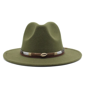 Detail of olive green fedora with decorative gold shell and metallic braided belt
