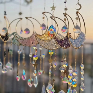 Crystal moon suncatcher with natural crushed stones and prisms for garden home decor