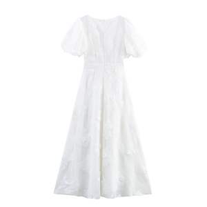 Elegant white mesh dress with 3D floral embroidery, puff sleeves and a high waist back view