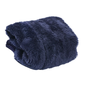 Close-up of soft navy blue knit fleece texture on folded thermal leg warmer socks