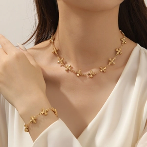 Byzantine style gold stainless steel necklace and bracelet set with cross flower links