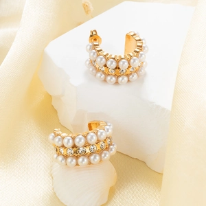 18K gold plated C-shaped earrings with white pearls and sparkling crystals on stone