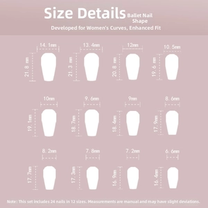 Size chart for ballet style press-on nails with 12 dimensions and 24 pieces in total