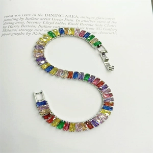 Rainbow rectangular crystal bracelet with silver finish and secure folding clasp