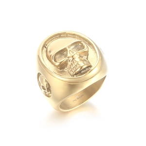 Gothic punk 316L gold stainless steel skull ring with embossed skeletal detailing