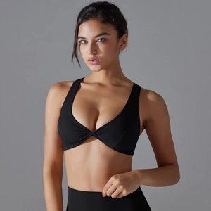 Close-up of black twist-front sports bra featuring a deep V-neck and supportive wide straps
