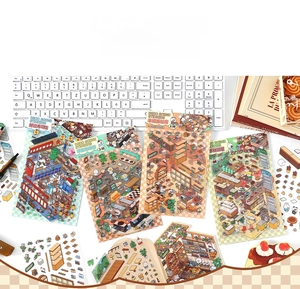 3D miniature house PET stickers with 2.5D sushi and coffee shop scenes for journals