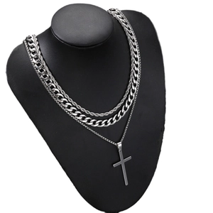 Three-layer silver stainless steel cross pendant necklace with twist and Cuban chains