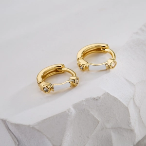 Minimalist 18K gold plated hoop earrings with white enamel and zircon stones