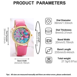Detailed specs of pink leather quartz watch with gold case and stone texture dial