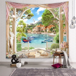 Detail of a 3D European balcony scene tapestry with Mediterranean sea and silk curtains