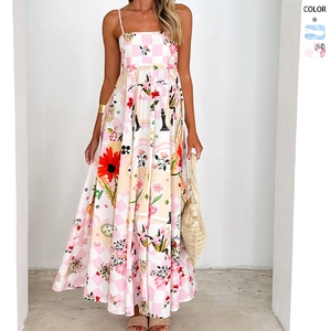 Maxikleid Mit Blumendruck Quadratischer Ausschnitt Rückenfrei Hohe Taille Sommerurlaub Ärmellos Sexy Langes Damenkleid