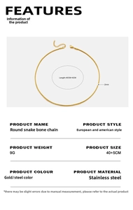 Detail showing 2mm gold and silver snake bone chain necklace with specifications