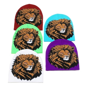 Winter knitted beanies with lion pattern in five vibrant colors for outdoor warmth