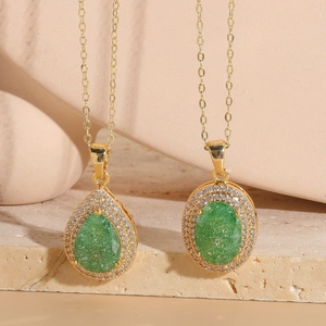 Elegant 14K Gold Plated Copper Emerald Green Zirconia Pendant Necklace For Women Water Drop Oval Shape Light Luxury Jewelry