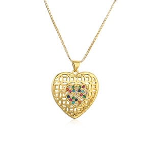 Gold hollow heart necklace with colorful gemstones on a clean white background