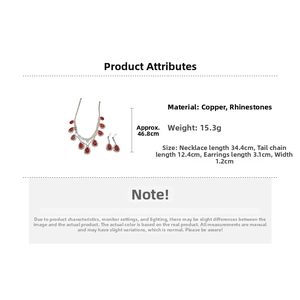 Detail view of rhinestone necklace set measurements and red waterdrop fringe design