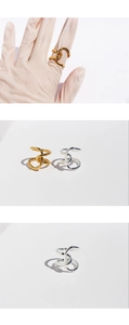 Three-way view of irregular knotted wide rings in polished gold and silver metal