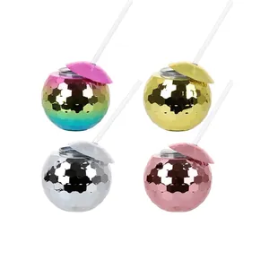 Disco Ball Drinking Cup With Straw And Lid Plastic Electroplated Mirror Reflective Party Retro Style Decorative