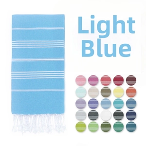 Detail of light blue striped Turkish beach towel with fringe and 25-color swatch grid