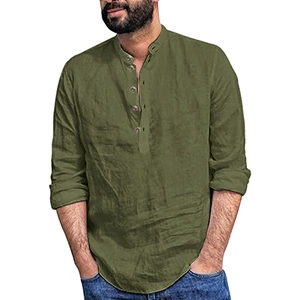 Front view of olive green men's linen Henley shirt with five buttons and premium fabric texture