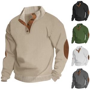 Men's quarter-button knit sweater with vertical texture and elbow patches in multiple colors