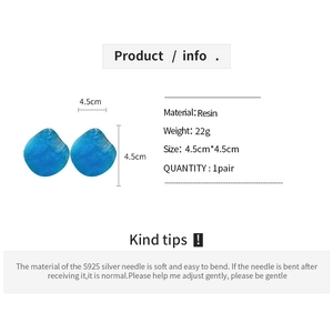 Detailed specs of blue resin earrings with S925 silver needles and 4.5cm size chart