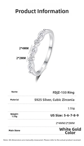 Specifications for S925 sterling silver ring featuring cubic zirconia marquise cut stones