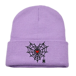 Lilac knit beanie with spider web heart embroidery and a hanging black spider detail