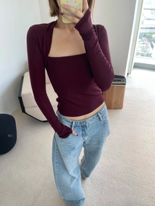 Haut en Tricot Femme Coupe Ajustée Mélange Laine Lyocell Faux Deux Pièces Col Carré Design de Niche Pull Manches Longues