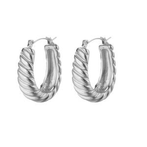 Polished silver croissant hoop earrings with a twisted design and secure leverback closure