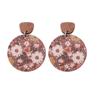 Boucles d'oreilles pendantes rondes en bois vintage avec motif floral et marguerites