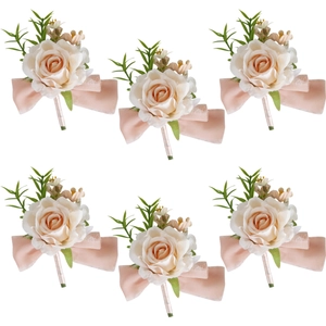 Lot de six boutonnières roses artificielles champagne avec rubans roses pour les mariages