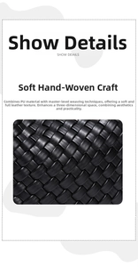 Close-up of black PU leather hand-woven texture with magnetic closure detail