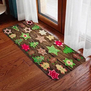 Christmas theme flannel runner with wooden pattern and gingerbread man design on floor