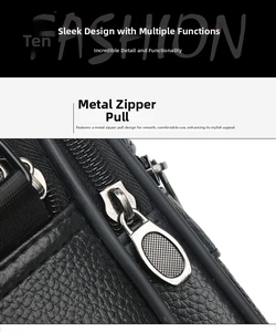 Close-up of durable antique silver metal zipper slider on black pebble grain leather bag