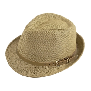 Classic khaki straw fedora hat with a stylish brown faux leather band and metal buckle