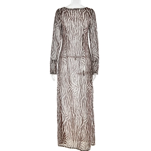 Bohemian zebra print long sleeve see-through mesh dress in brown and white tones