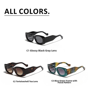Detailed view of square sunglasses in black, tortoiseshell, and translucent teal frames