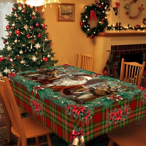 Detailed Christmas tablecloth with Santa, reindeer, and festive floral patterns